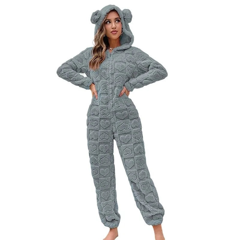 Hooded full body onesie with thick insulation and soft textured finish