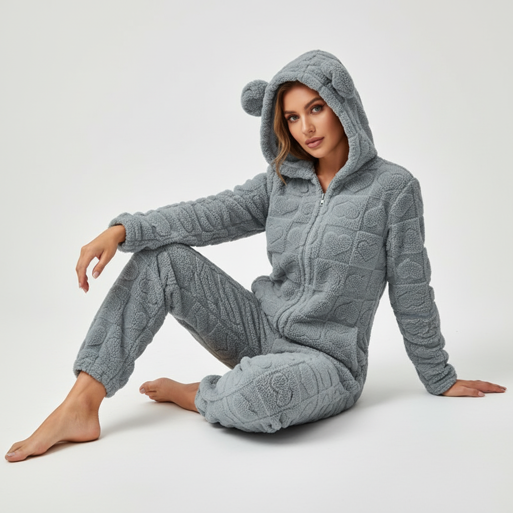 Hooded full body onesie with thick insulation and soft textured finish