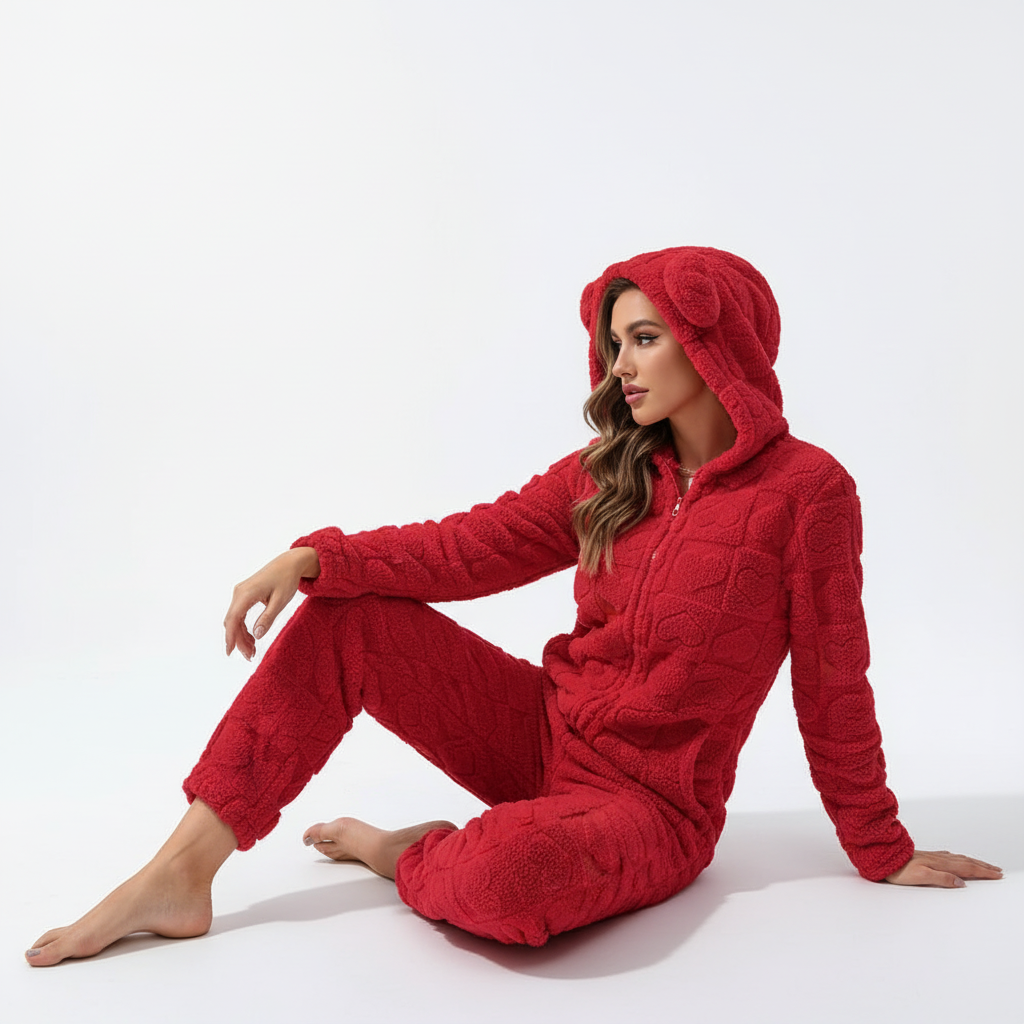 Hooded full body onesie with thick insulation and soft textured finish