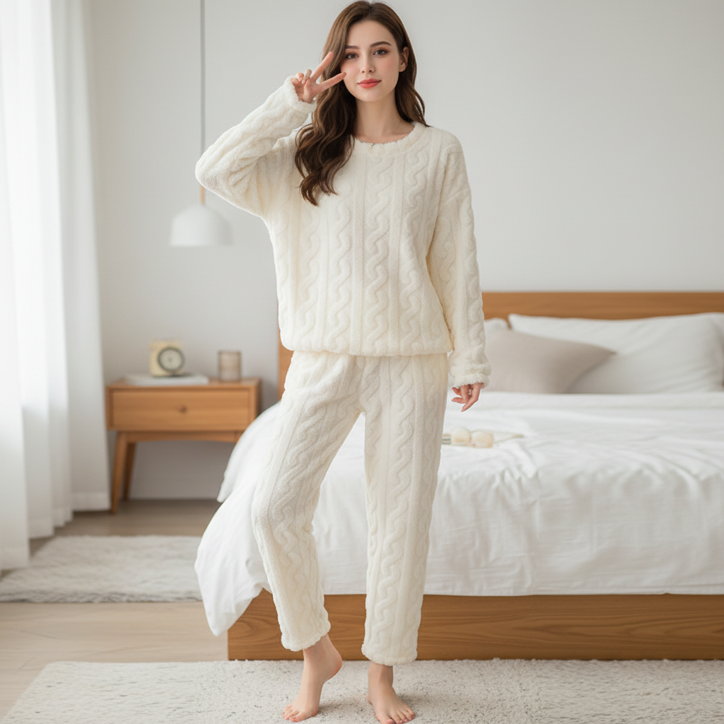 Women's warm plush pyjama set with soft textured finish and ankle-length pants