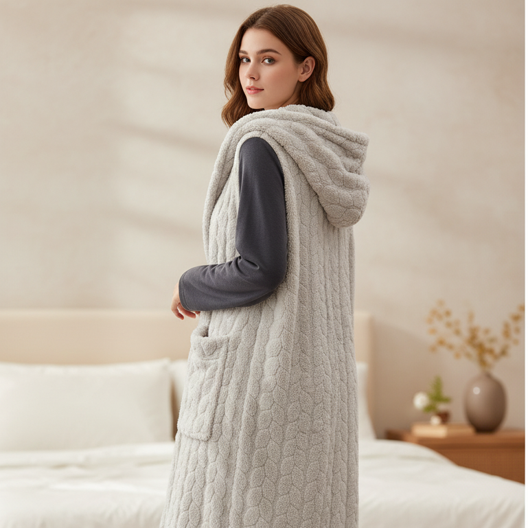 Hooded lounge gown with plush fleece fabric and front pockets