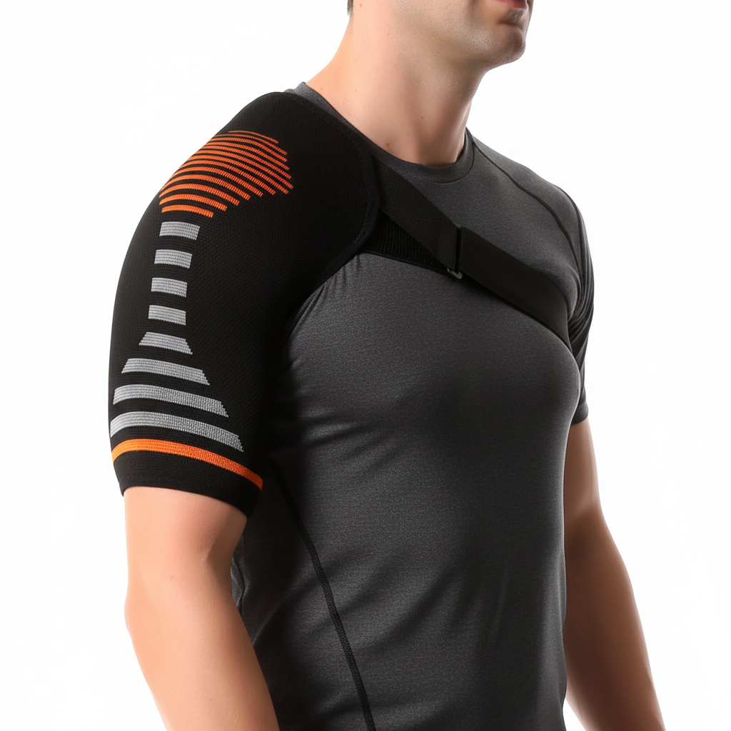 Compression shoulder support with adjustable stabilising strap breathable