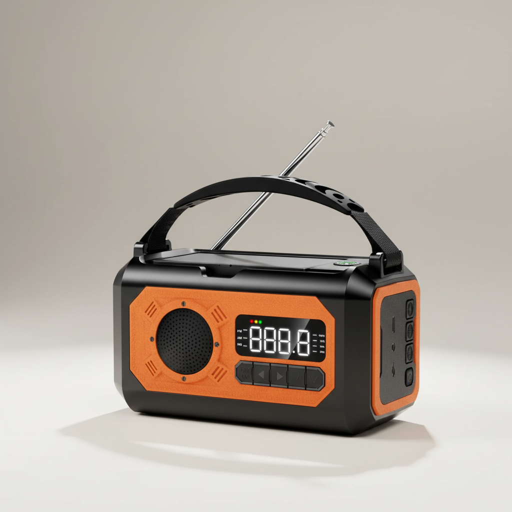 Portable emergency radio with solar charging, torch and power bank