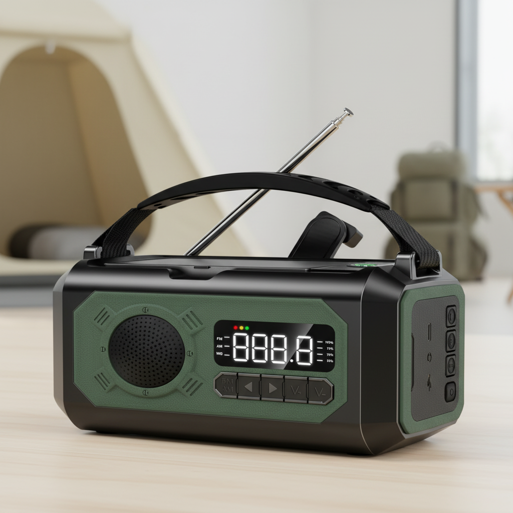 Portable emergency radio with solar charging, torch and power bank