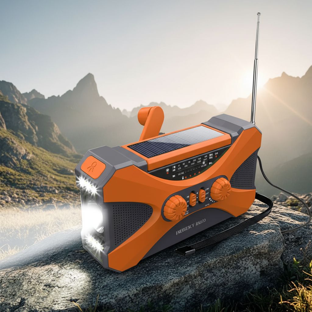 Solar crank emergency radio with LED torch and phone charging