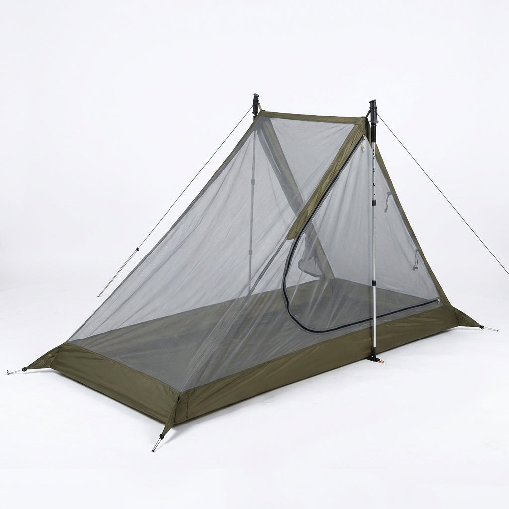 One person ultralight mesh tent with fast single pole pitch