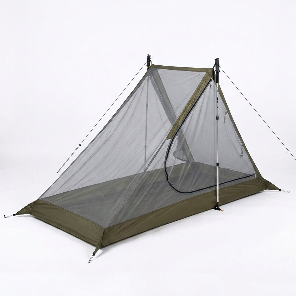 One person ultralight mesh tent with fast single pole pitch
