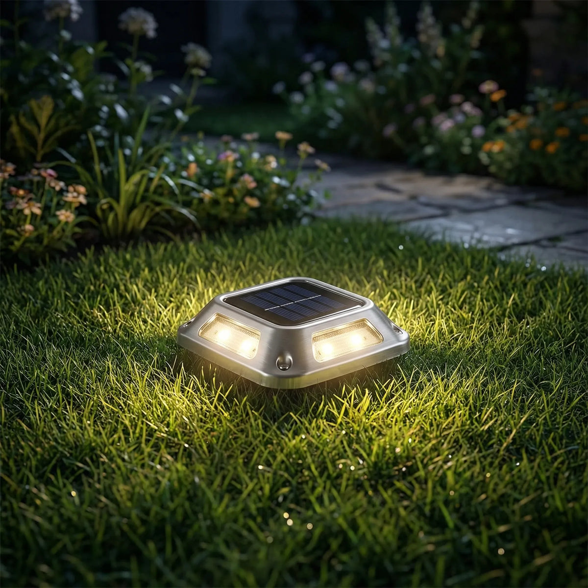 Solar ground light with warm glow weatherproof dusk-to-dawn sensor