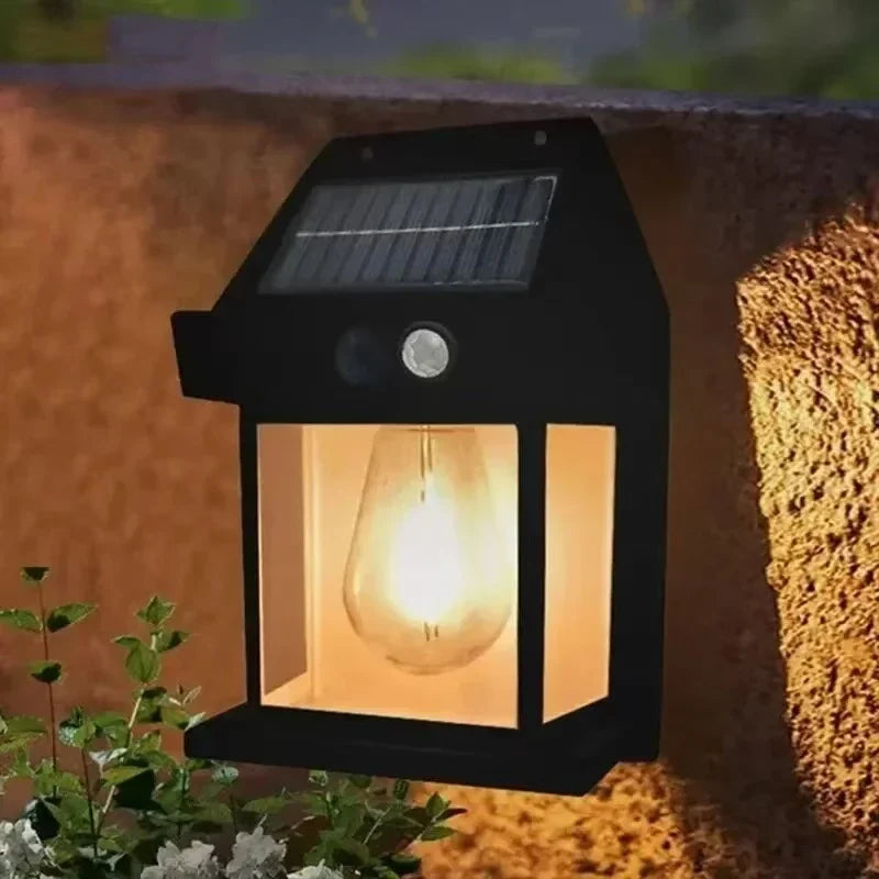Solar wall lantern with motion sensor and warm LED glow