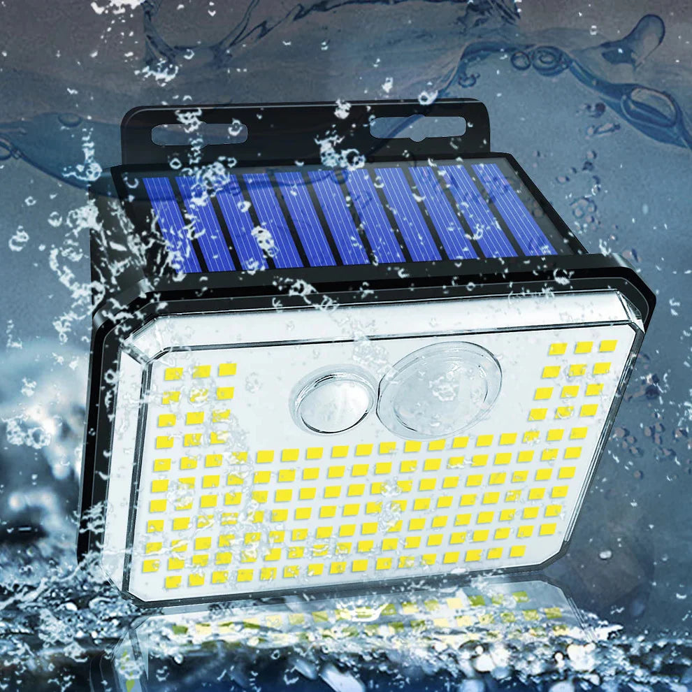 Solar-powered outdoor wall security light with 148 LEDs and motion sensor