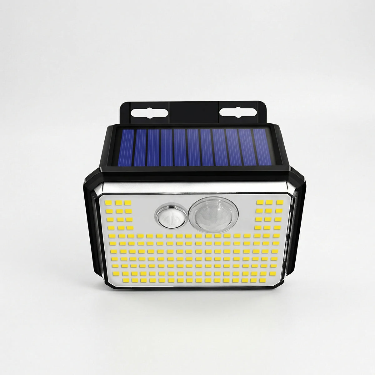 Solar-powered outdoor wall security light with 148 LEDs and motion sensor