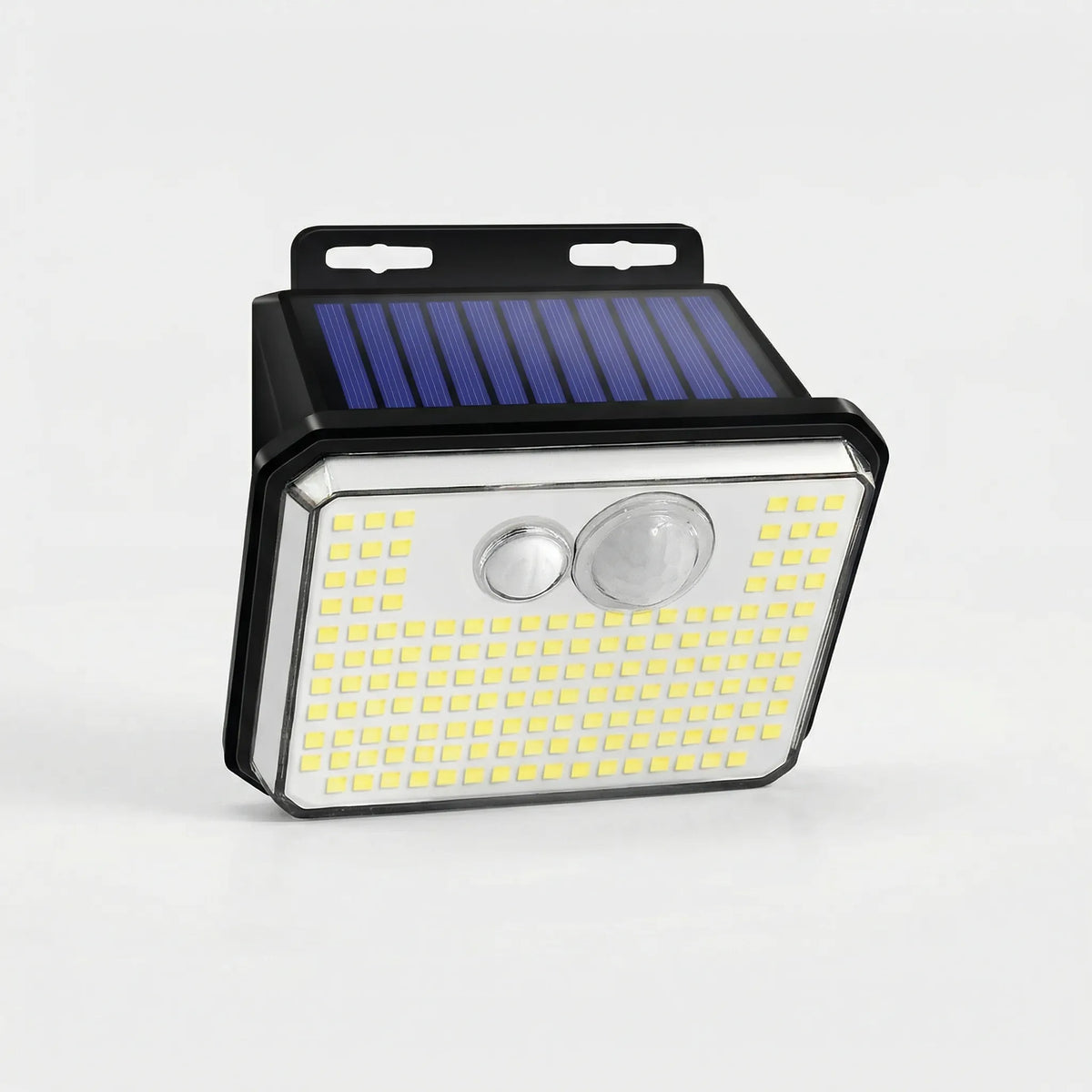 Solar-powered outdoor wall security light with 148 LEDs and motion sensor