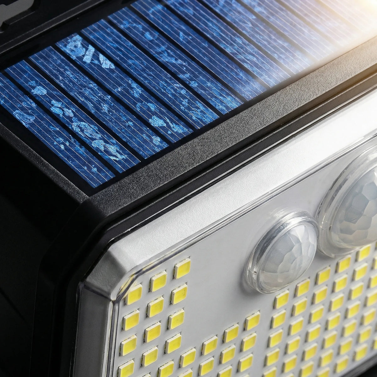 Solar-powered outdoor wall security light with 148 LEDs and motion sensor