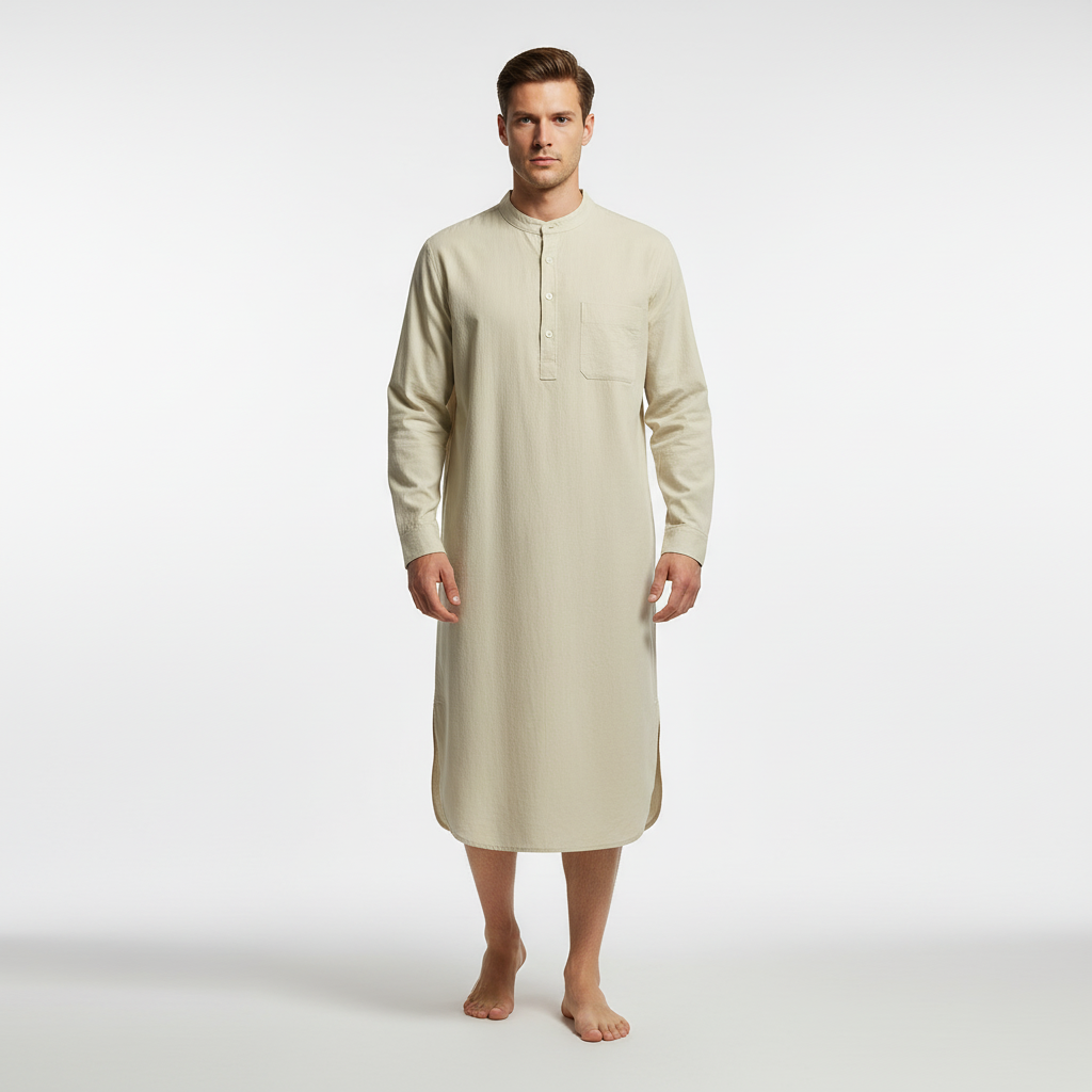 Long sleeve button front nightgown with stand collar and chest pocket