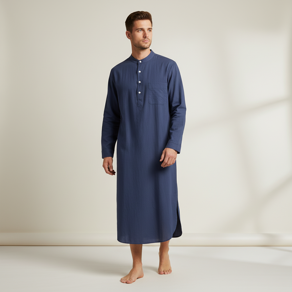 Long sleeve button front nightgown with stand collar and chest pocket