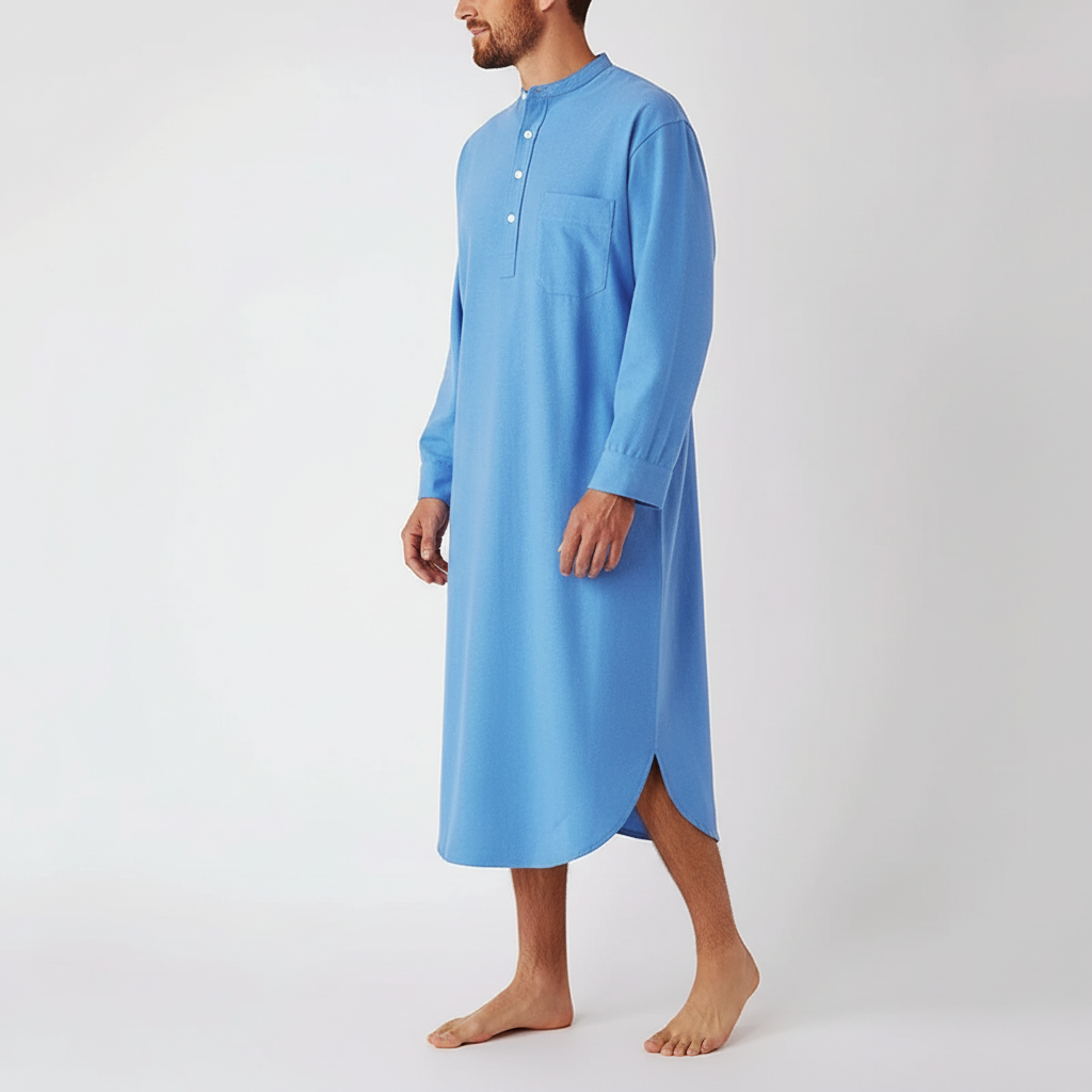 Long sleeve button front nightgown with stand collar and chest pocket