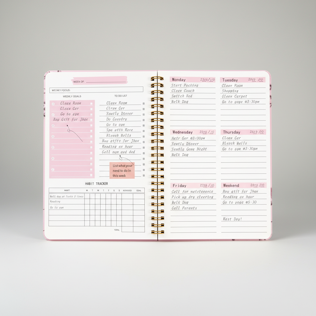 Weekly spiral planner with two-page spreads and habit tracker