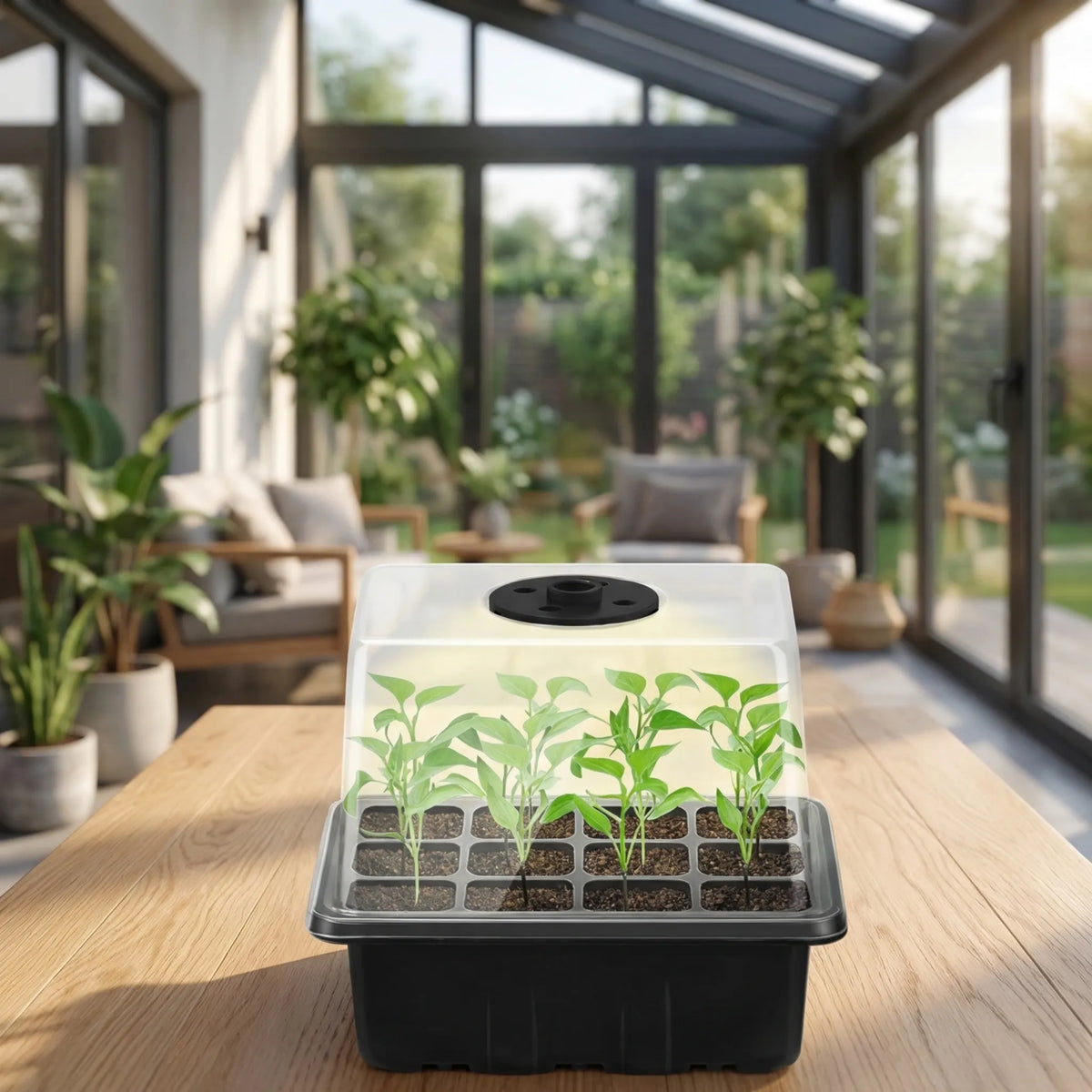 Seed starter tray with built-in grow light and adjustable humidity dome