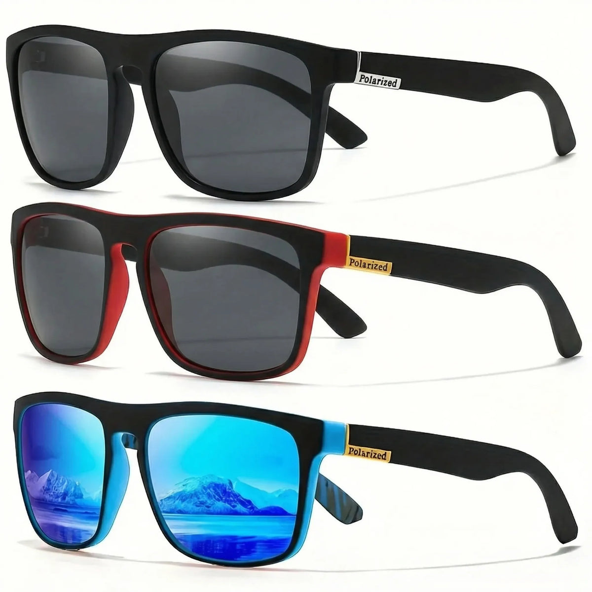 Square polarised sunglasses with UV400 protection and lightweight frame