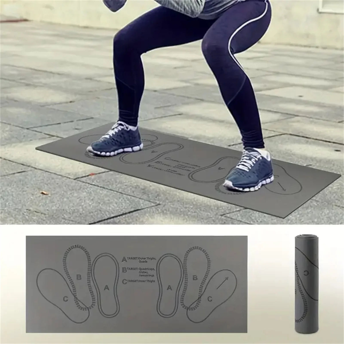 Compact squat guide mat with printed foot placement for exercise training