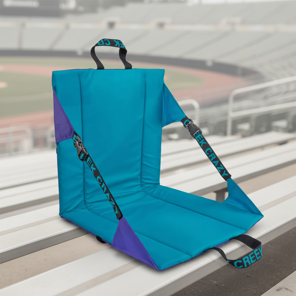 Foldable padded stadium seat with adjustable reclining backrest and carry handle