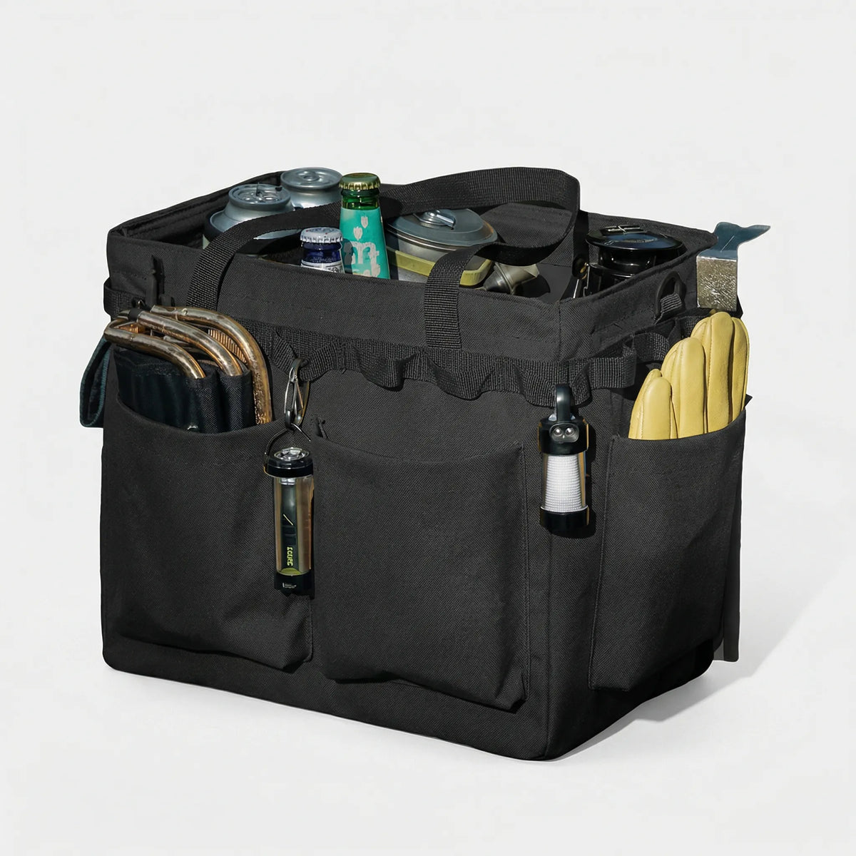 Foldable outdoor organiser bag with multiple pockets and rigid base