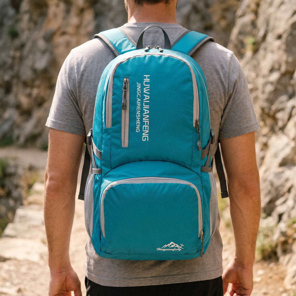 Foldable travel rucksack with water-repellent finish and padded straps