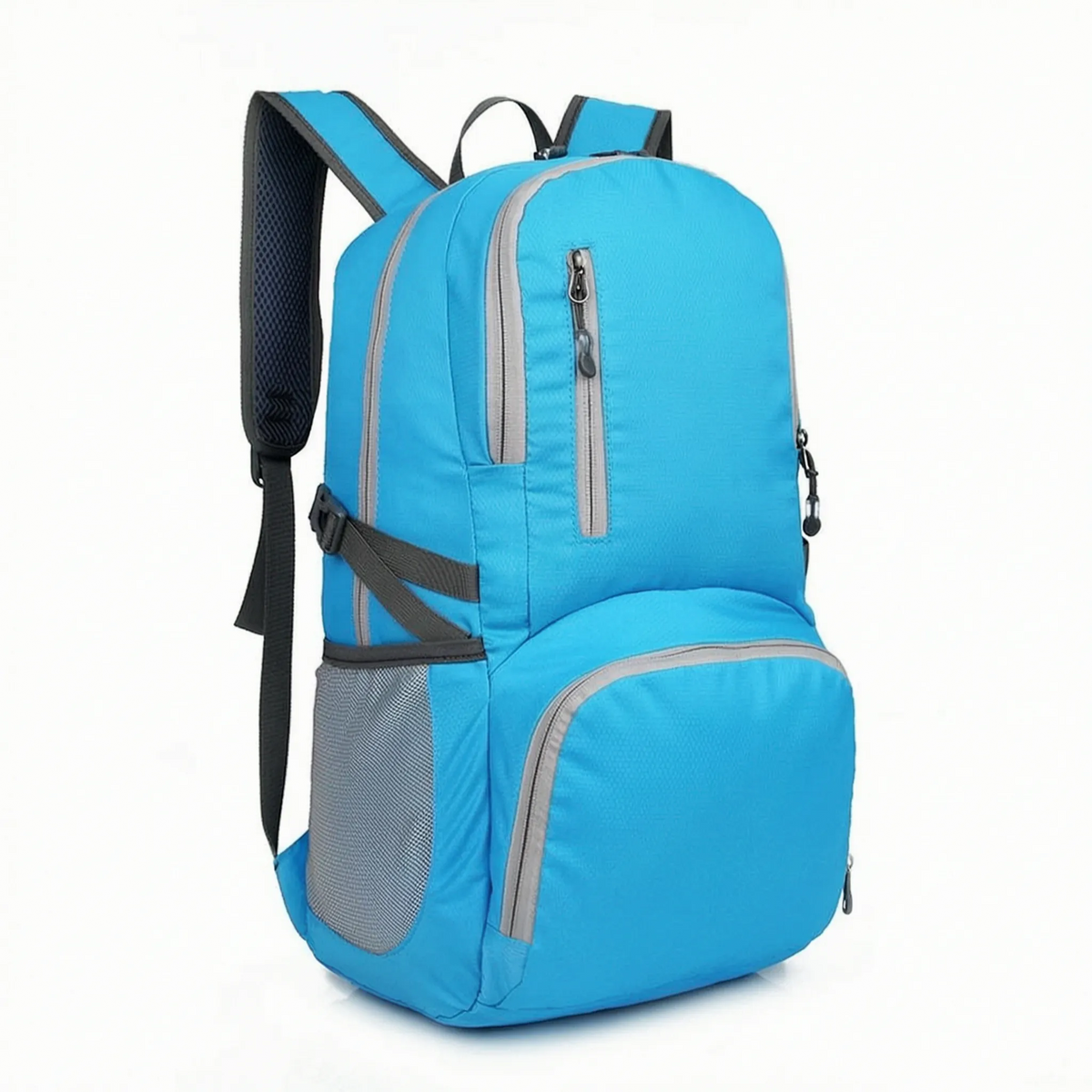Foldable travel rucksack with water-repellent finish and padded straps