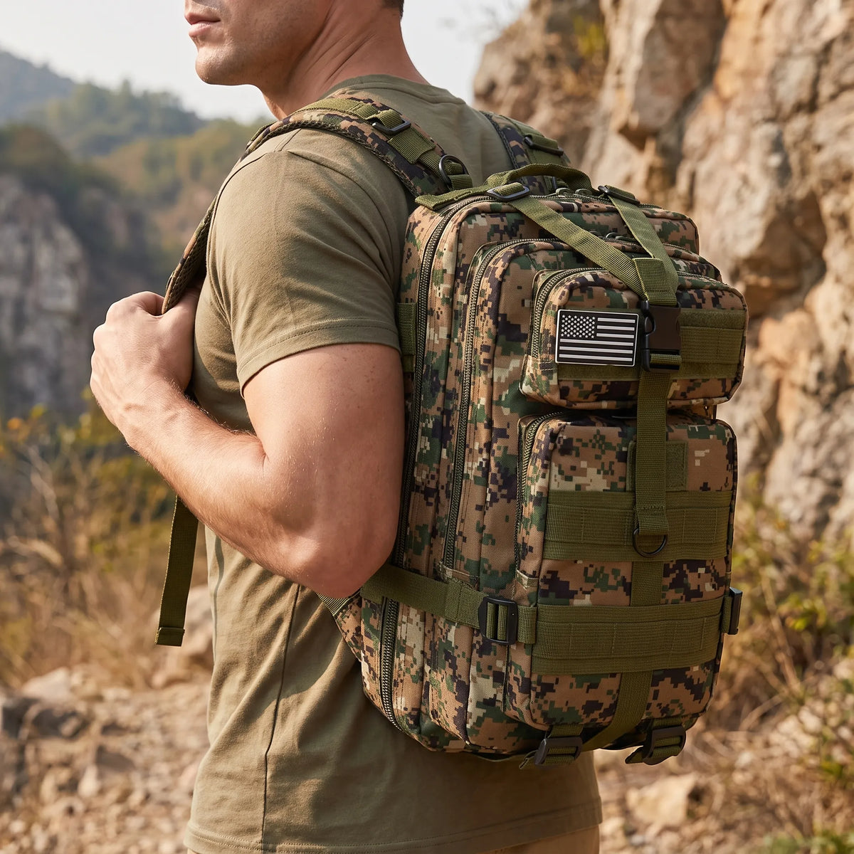 Tactical backpack with modular webbing, multiple compartments and padded straps