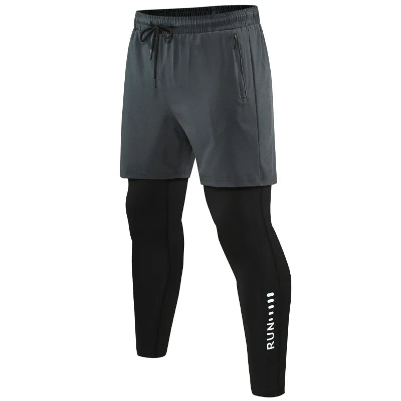 Men's two-in-one training pants with compression layer and outer shorts