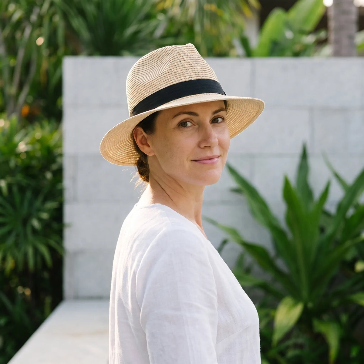 Wide brim fedora hat with breathable woven construction