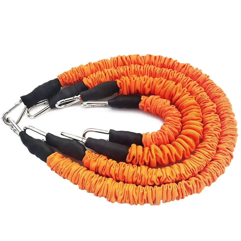 Fabric covered resistance band with metal carabiner clips and progressive tension