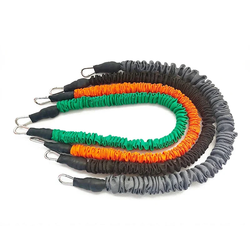 Fabric covered resistance band with metal carabiner clips and progressive tension