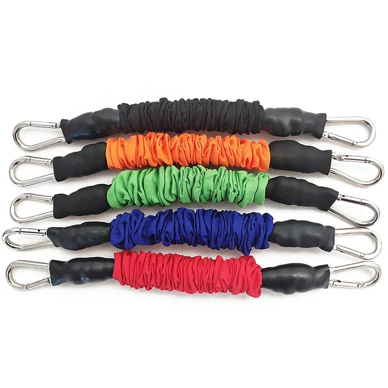 Fabric covered resistance band with metal carabiner clips and progressive tension