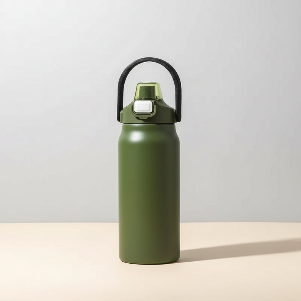 Large stainless steel vacuum bottle with ergonomic handgrip