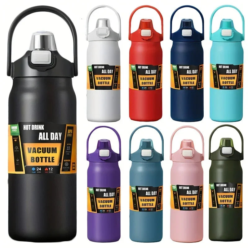 Large stainless steel vacuum bottle with ergonomic handgrip