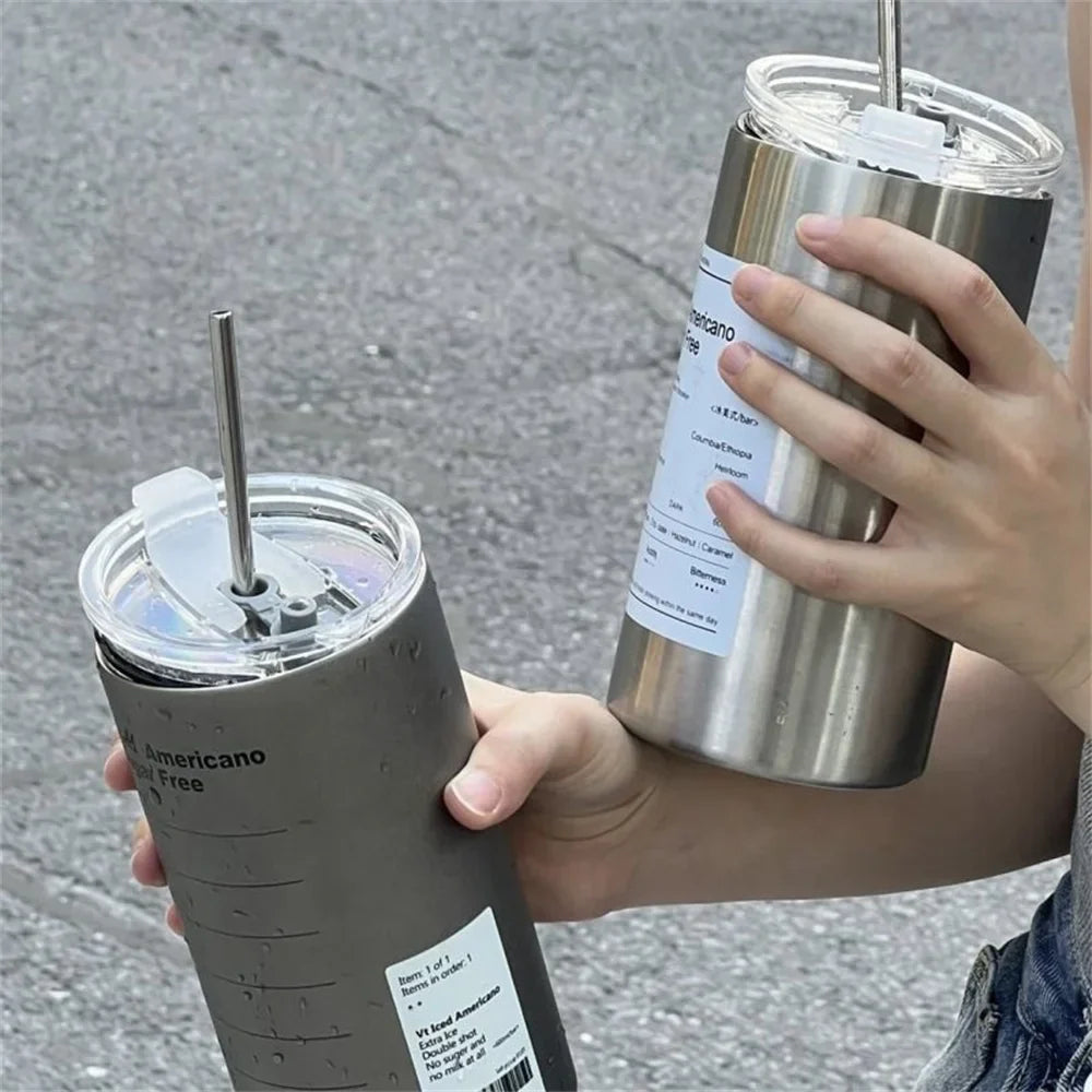 Insulated stainless steel travel bottle with reusable straw and leak-resistant lid