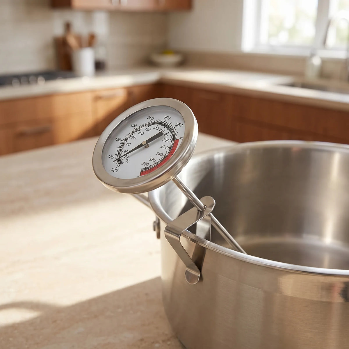 Long-probe deep fry thermometer with analogue dial and pan clip