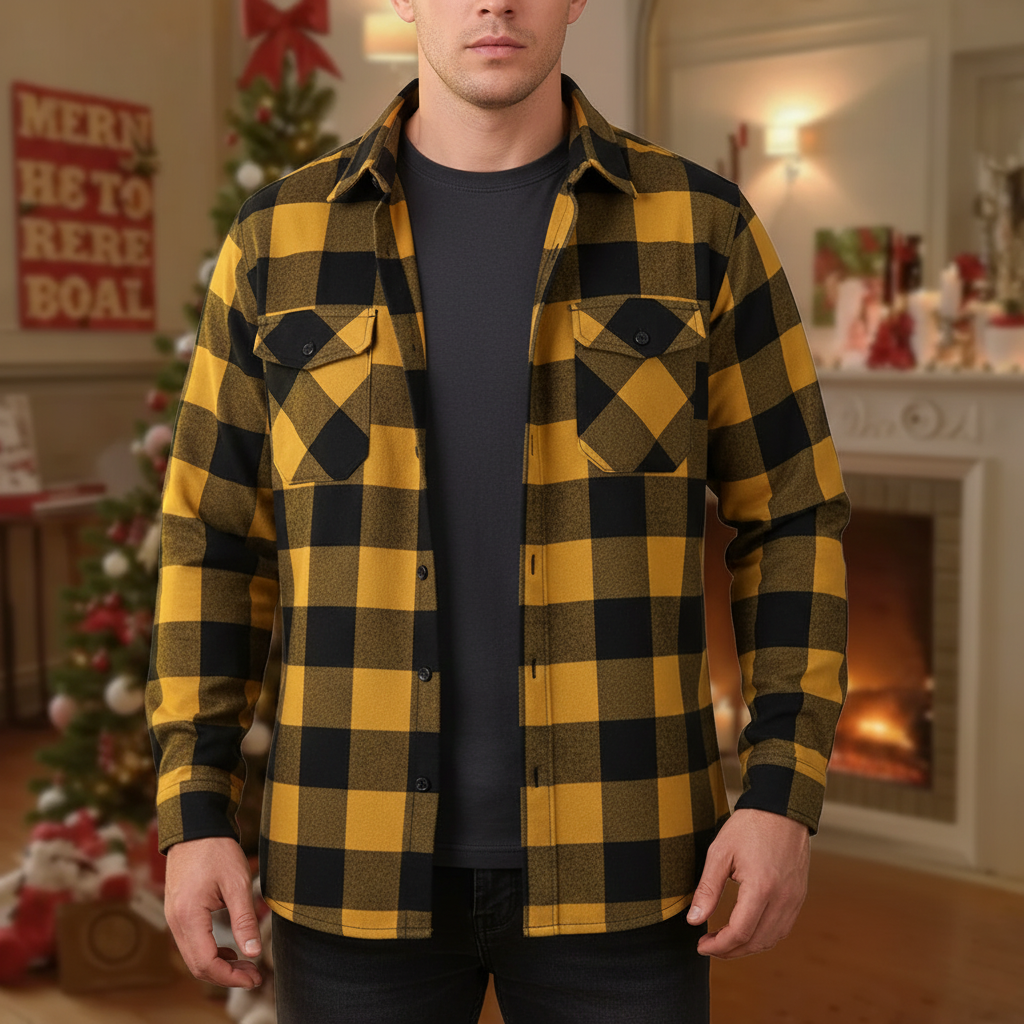 Men's fleece lined check flannel overshirt with long sleeves
