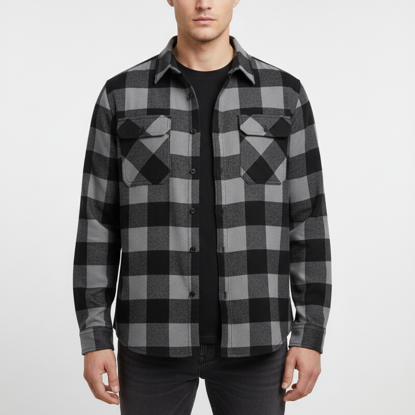 Men's fleece lined check flannel overshirt with long sleeves