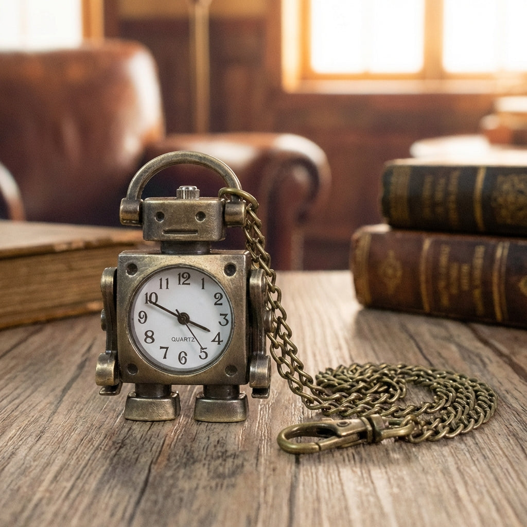 Vintage robot pocket watch pendant with round dial and keychain loop