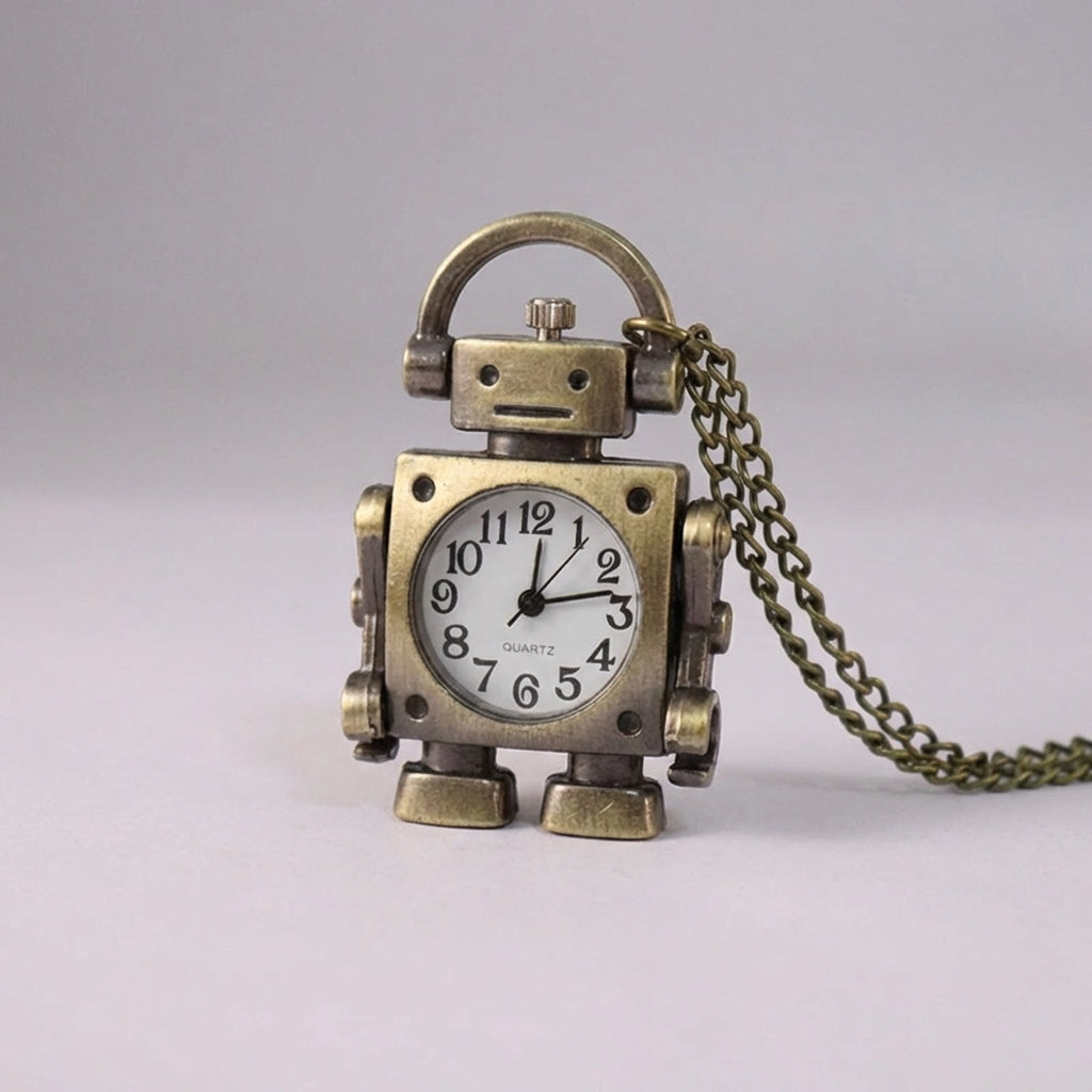 Vintage robot pocket watch pendant with round dial and keychain loop