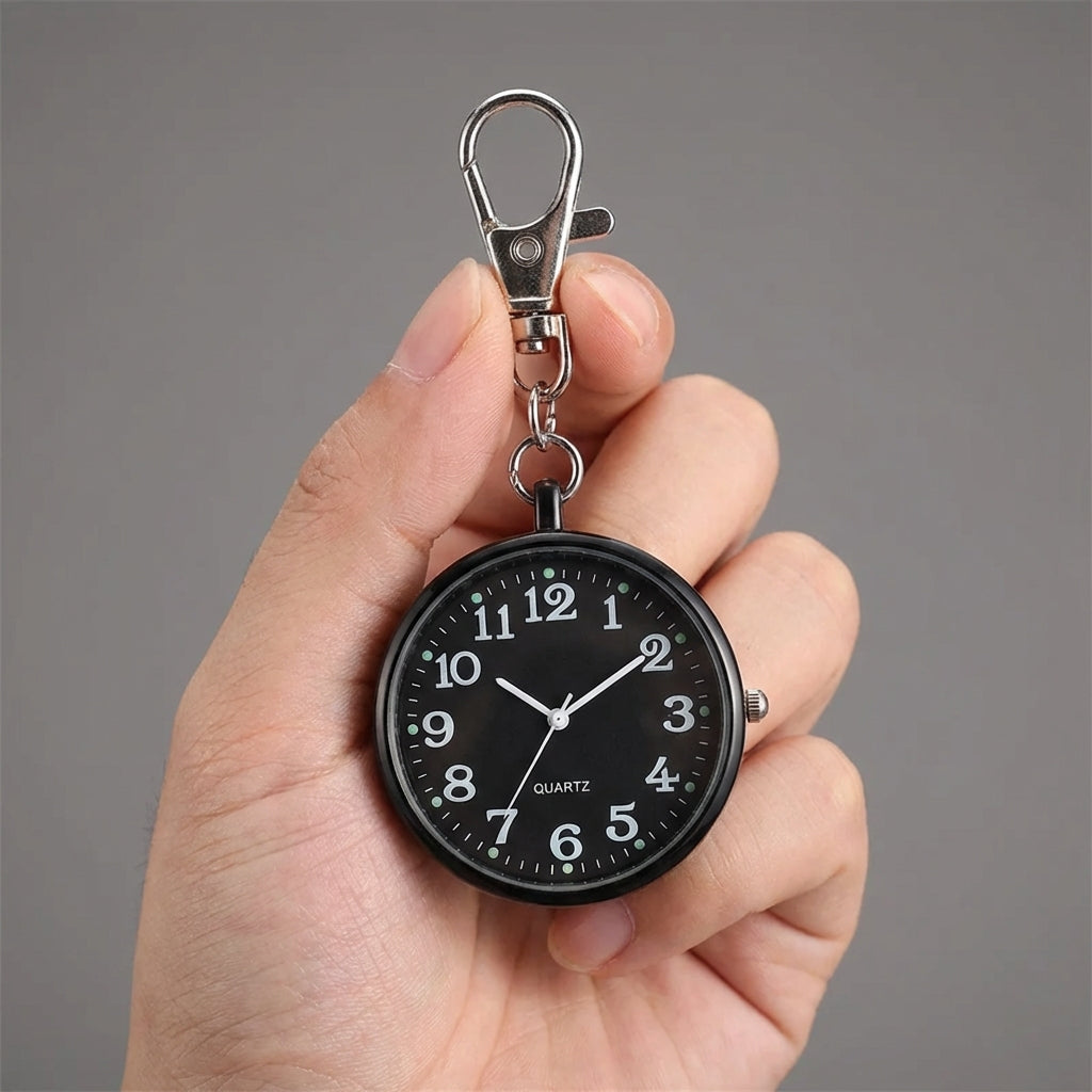 Compact key ring pocket watch with quartz movement and large dial
