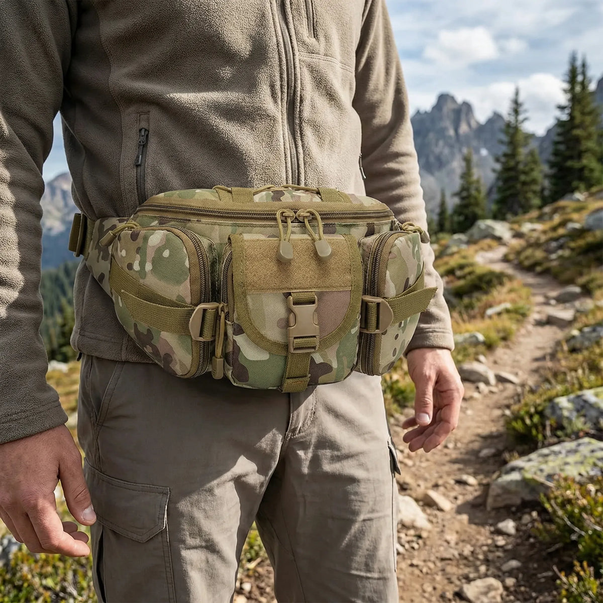 Multipocket waist pouch with organised compartments and adjustable strap