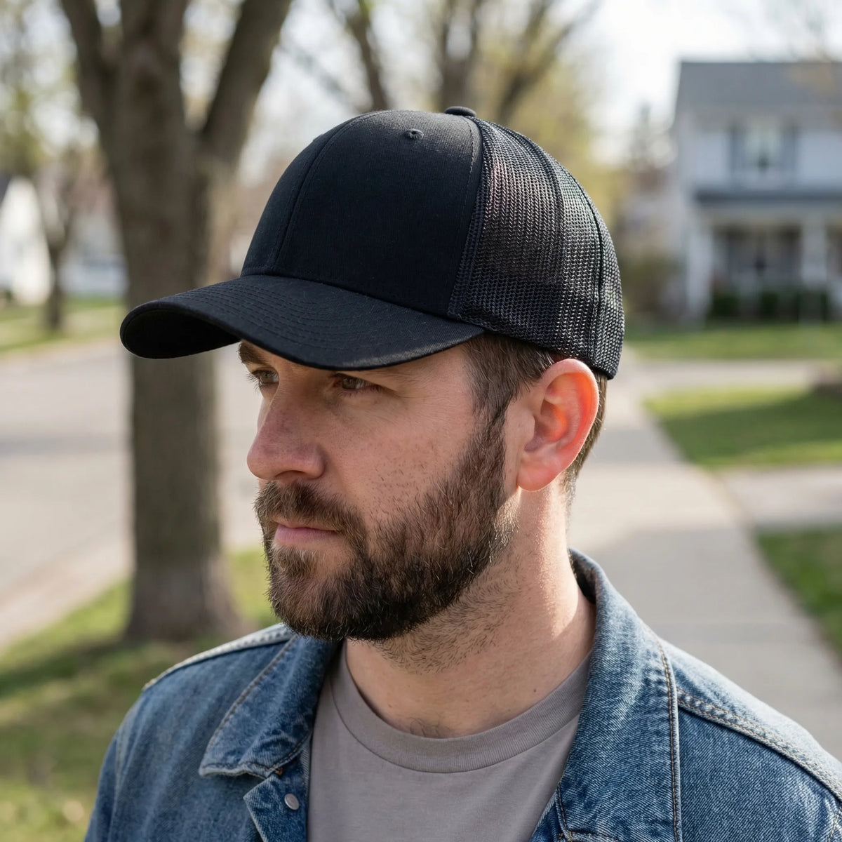 Unisex trucker cap with slightly curved brim and breathable mesh back