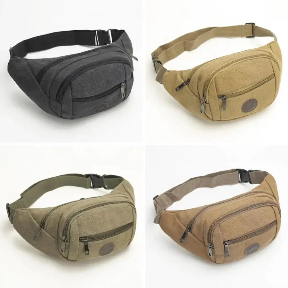 Canvas waist pack with multiple pockets and adjustable strap
