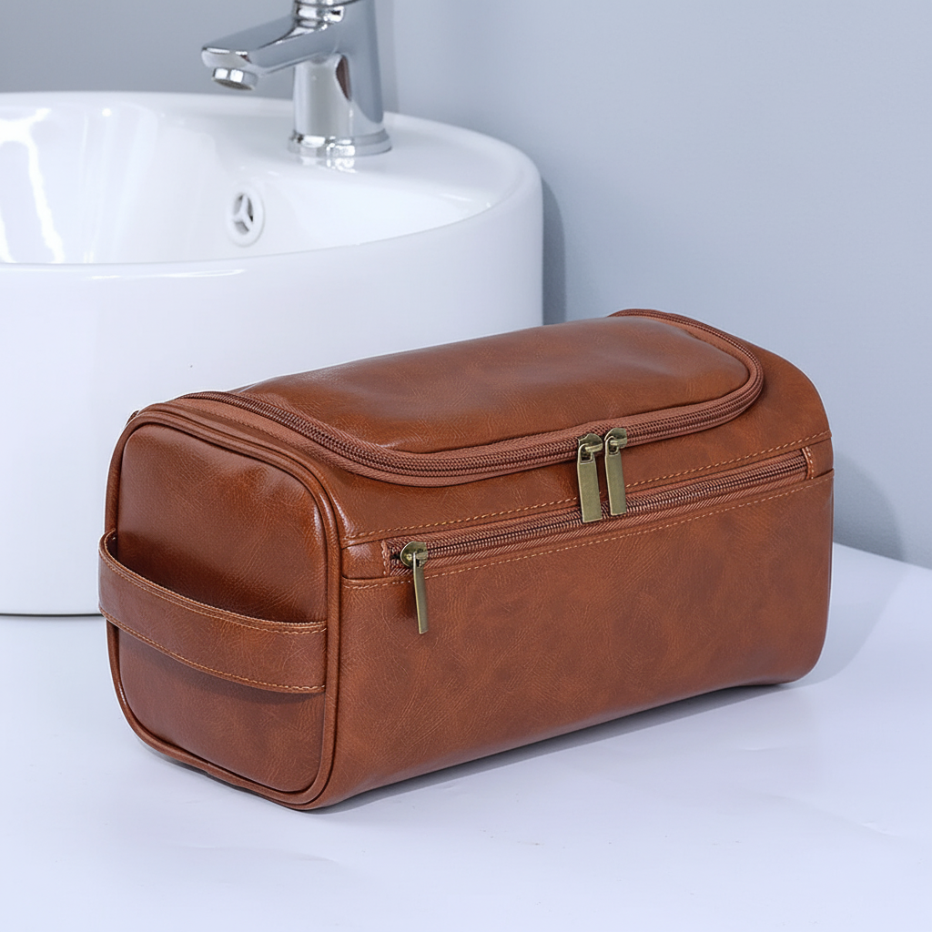 Travel washbag PU leather with hanging hook and compartments