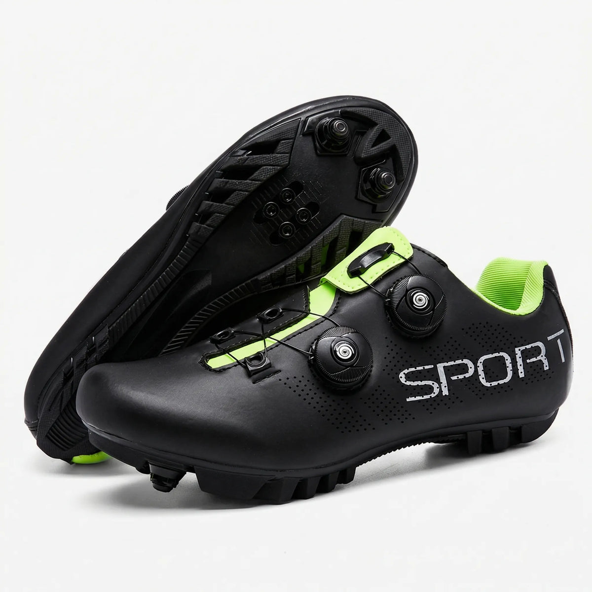 MTB cycling shoes with dual rotary dial closure and SPD cleat compatibility