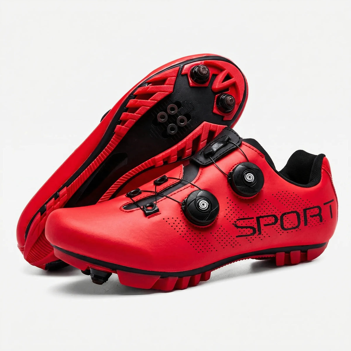 MTB cycling shoes with dual rotary dial closure and SPD cleat compatibility