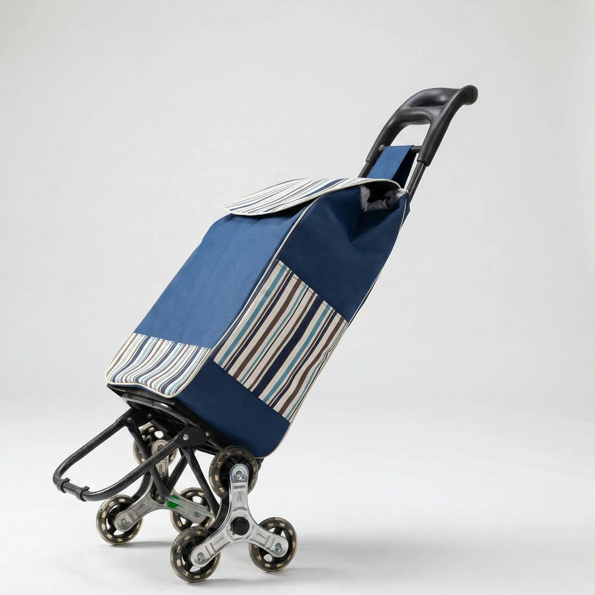 Stair-climbing folding shopping trolley with multi-wheel base and removable bag